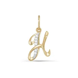 Подвеска буква Н,  Золото 585, Фианит 030732 Подвеска буква Н,  Золото 585, Фианит 030732